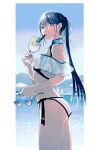  1girl aqua_eyes aqua_nails bare_shoulders bikini blue_hair breasts cup drinking_straw fate/grand_order fate_(series) from_side glass hair_ribbon holding holding_cup holding_removed_eyewear jing_ke_(fate) jing_ke_(water_shine)_(fate) kanitama_(putyourhead) long_hair looking_at_viewer off-shoulder_bikini off_shoulder parted_lips pillarboxed ponytail ribbon side-tie_bikini_bottom small_breasts solo swimsuit umbrella unworn_eyewear water white_bikini white_ribbon 