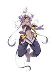  :3 animal_ears bell cat_ears cat_tail dark_skin gloves long_hair midriff original purple_eyes satomi solo tail white_hair 