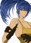  1girl absurdres arm_pouch bare_shoulders black_gloves blue_eyes blue_hair crop_top dog_tags earrings gloves highres jewelry leona_heidern ponytail runred24 simple_background sleeveless soldier solo tank_top the_king_of_fighters the_king_of_fighters_xv triangle_earrings white_background yellow_tank_top 