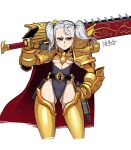  1girl armor belt belt_buckle bikini_armor breasts buckle cape chainsaw closed_mouth contrapposto furrowed_brow gauntlets genderswap genderswap_(mtf) gold_armor gold_trim gun hand_on_own_hip highres holding holding_weapon huge_weapon imperial_fists imperium_of_man over_shoulder pauldrons power_armor primarch rogal_dorn ryuusei_(mark_ii) short_eyebrows short_hair short_twintails shoulder_armor signature small_breasts solo standing storm&#039;s_teeth sword sword_over_shoulder thighhighs twintails underboob warhammer_40k weapon weapon_over_shoulder white_background white_hair yellow_eyes 