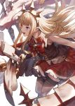  1girl black_thighhighs blonde_hair book cagliostro_(granblue_fantasy) dress fagi_(kakikaki) granblue_fantasy highres holding holding_book long_hair midair open_book open_mouth purple_eyes red_dress sidelocks simple_background sleeveless smile solo teeth thighhighs tongue upper_teeth_only white_background 