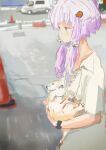  1girl absurdres alternate_costume animal baby_carry blurry blurry_background car carrying closed_mouth collared_shirt commentary_request cowboy_shot day dog expressionless from_side guard_rail hair_ornament highres holding holding_animal holding_dog jitome kabuyama_kaigi looking_ahead motor_vehicle outdoors pink_hair purple_eyes shirt short_hair_with_long_locks short_sleeves solo traffic_cone vocaloid voiceroid watch white_shirt wristwatch yuzuki_yukari 