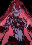  1girl :d black_background black_eyes breasts fate/grand_order fate_(series) glowing glowing_eyes hair_between_eyes heterochromia highres long_bangs long_hair looking_at_viewer masteryakiniku navel open_mouth red_hair revealing_clothes simple_background small_breasts smile solo teeth typhon_ephemeros_(fate) upper_body upper_teeth_only yellow_eyes 