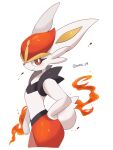  artist_name bright_pupils cinderace closed_mouth commentary_request fire hand_on_own_hip iwasi_29 pokemon pokemon_(creature) rabbit red_eyes simple_background smile twitter_username white_background white_fur 