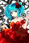  1girl blue_eyes blue_hair blunt_bangs bow breasts detached_sleeves dress dress_bow flower gaikotsu_gakudan_to_riria_(vocaloid) gears hair_flower hair_ornament hatsune_miku highres long_hair looking_at_viewer nakatsu_kon rose short_sleeves small_breasts smile solo strapless strapless_dress twintails vocaloid 