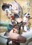  1girl absurdres black_nails breasts chinese_clothes dragon_girl dragon_horns dragon_tail fangs high_heels highres horns kuroi_suna large_breasts looking_at_viewer original panties rabbit short_hair side-tie_panties snake tail thighhighs thighs underwear white_hair 