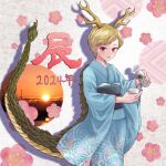  2024 antlers blonde_hair blue_kimono dragon_girl dragon_horns dragon_tail floral_print highres horns japanese_clothes kicchou_yachie kimono kyabekko red_eyes short_hair tail touhou turtle_shell yellow_horns yukata 