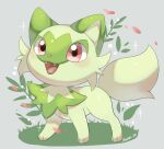  animal_focus artist_name cat commentary_request fangs green_fur grey_background iwasi_29 leaf no_humans on_grass open_mouth plant pokemon pokemon_(creature) red_eyes sprigatito tail twitter_username 