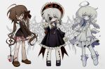  3girls absurdres black_footwear blood blood_on_leg blood_on_shovel blue_bow blue_eyes blush_stickers bow brown_hair brown_jacket colored_skin dress eyepatch frilled_dress frills full_body hair_wings headdress highres jacket long_hair meyou_0319 multicolored_clothes multicolored_headwear multiple_girls necktie open_mouth original pink_eyes pink_necktie pink_skirt school_uniform shovel skirt small_pupils standing white_background white_dress white_hair white_skin 