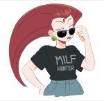  1girl alternate_costume black_shirt breasts cropped_torso earrings grey_background hand_up jessie_(pokemon) jewelry kiana_mai long_hair medium_breasts pokemon red_hair shirt shirt_tucked_in short_sleeves shorts simple_background solo sunglasses 