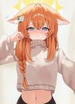  1girl :&lt; absurdres alternate_costume animal_ear_fluff animal_ears blue_archive blue_eyes braid clenched_hand closed_mouth commentary cropped_sweater double-parted_bangs ears_down fox_ears frown hair_between_eyes halo hand_up highres looking_at_viewer mari_(blue_archive) midriff navel orange_hair reaching reaching_towards_viewer ryu_o simple_background single_braid single_hair_tube solo sweater symbol-only_commentary turtleneck turtleneck_sweater upper_body white_background white_sweater yellow_halo 
