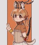  1girl animal_ears brown_background brown_eyes brown_hair extra_ears highres horns impala_(kemono_friends) kemono_friends long_hair looking_at_viewer ribbon shirt simple_background skirt solo sorairo_meronpan tail twintails v weapon wristband 