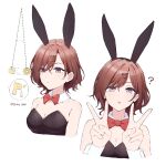  1girl ? animal_ears bow bowtie brown_hair double_v hair_ornament hairclip higuchi_madoka hypnosis idolmaster idolmaster_shiny_colors mind_control p-head_producer playboy_bunny producer_(idolmaster) rabbit_ears red_bow red_bowtie shiny_lebe simple_background twitter_username v 