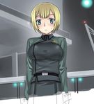  blue_eyes breasts covered_nipples gundam gundam_00 large_breasts louise_halevy military military_uniform satou_atsuki short_hair solo uniform 