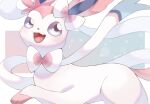  animal_focus artist_name blue_background blue_eyes border bow commentary_request fang gradient_background highres iwasi_29 no_humans open_mouth outside_border pink_background pokemon pokemon_(creature) prehensile_ribbon smile sylveon tail twitter_username white_border white_bow white_fur 
