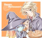  1girl blonde_hair blue_eyes earrings eating food fork halloween happy_halloween hat imp jewelry link microspace midna orange_background pie pointy_ears the_legend_of_zelda the_legend_of_zelda:_twilight_princess witch_hat 