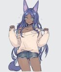  1girl :3 animal_ears aqua_eyes blue_hair blue_shorts casual closed_mouth collarbone cowboy_shot dark-skinned_female dark_skin fate/grand_order fate_(series) hands_up kanitama_(putyourhead) long_hair looking_at_viewer off_shoulder parted_bangs queen_of_sheba_(fate) short_shorts shorts simple_background sleeves_past_wrists smile solo sweater sweater_tucked_in white_background white_sweater 