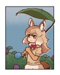  1girl african_golden_wolf_(kemono_friends) animal_ears blonde_hair border bow bowtie bush cardigan elbow_gloves extra_ears flower gloves highres hydrangea kemono_friends leaf_umbrella long_hair outdoors simple_background skirt solo sorairo_meronpan tail umbrella white_border wolf_ears wolf_girl wolf_tail yellow_eyes 