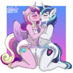 1:1 anthro anthrofied blush bodily_fluids camisole clean_diaper clothed clothing curled_hair diaper duo embrace equid equine eyes_closed feathers female french_kissing friendship_is_magic gradient_background hair hasbro hi_res hooves horn horse invalid_background invalid_tag kissing male mammal my_little_pony nose_to_nose pony princess_cadance_(mlp) saliva shining_armor_(mlp) simple_background stargal_galexi tail touching_chest unicorn wearing_diaper winged_unicorn wings