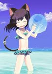  animal_ears bad_id bad_pixiv_id ball beachball bikini black_hair blush cat_ears cat_tail closed_eyes cloud day frilled_bikini frills ocean original outdoors ribbon shuzoku_fumei sky smile solo swimsuit tail tail_ribbon tankini transparent wading water 