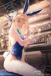  1girl absurdres animal_ears aqua_bow aqua_bowtie bar_(place) blonde_hair blue_archive blue_eyes blue_hairband blue_leotard bow bowtie breasts closed_mouth cup detached_collar fake_animal_ears fake_tail hairband halo highres holding holding_cup indoors leotard long_hair looking_at_viewer mifachu_(1064317697) official_alternate_costume playboy_bunny rabbit_ears rabbit_tail sitting smile solo strapless strapless_leotard tail thighhighs toki_(blue_archive) toki_(bunny)_(blue_archive) white_thighhighs white_wrist_cuffs wrist_cuffs 