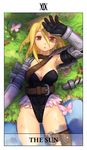  absurdres armor armpits blonde_hair breasts cleavage fantasy_earth_zero highres iyokawa large_breasts legs nature orange_eyes solo tarot thigh_strap 