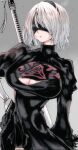  1girl 2b_(nier:automata) black_dress black_gloves black_hairband blindfold breasts cleavage cleavage_cutout closed_mouth clothing_cutout commentary dress gloves grey_background hairband hand_on_own_hip highres kinakomochi_(user_vedc2333) large_breasts nier:automata nier_(series) short_hair signature simple_background solo standing sword sword_on_back two-tone_gloves weapon weapon_on_back white_gloves white_hair 