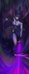  1girl absurdres bare_shoulders black_hair breasts cleavage closed_mouth dress fingernails highres large_breasts league_of_legends long_hair magic morgana_(league_of_legends) multicolored_background purple_dress sharp_fingernails shiny_skin solo stnpnk wings 