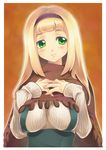  blonde_hair breasts cape green_eyes hairband kayou_(kayou-bi) large_breasts long_hair original purple_hairband smile solo sweater 