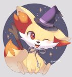 animal_focus artist_name black_background commentary_request fang fennekin halloween_costume hat iwasi_29 no_humans one_eye_closed open_mouth orange_eyes outside_border pokemon pokemon_(creature) sitting snout sparkle tail twitter_username witch_hat yellow_fur 