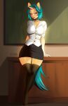 absurd_res anthro big_breasts big_butt blue_eyes blue_hair blush bottomwear breasts butt clothed clothing digital_media_(artwork) equid equine fan_character female hair hi_res horse ikstina intersex legwear mammal miniskirt office pinup pony pose skirt solo standing stockings thick_thighs wide_hips yellow_body