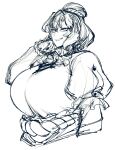 1girl breasts commentary_request greyscale hair_bun highres huge_breasts looking_at_viewer monochrome sharp_teeth short_hair simple_background sketch solo spacezin teeth touhou upper_body yasaka_kanako 