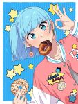  1girl blue_eyes blue_hair border collarbone commentary_request doughnut earrings edomon-do food food-themed_earrings food_in_mouth grey_shirt highres holding holding_food jacket jewelry letterman_jacket long_sleeves mochi_(mona_lisa_no_zaregoto) mona_lisa_no_zaregoto one_side_up shirt short_hair sora_(mona_lisa_no_zaregoto) upper_body white_border 
