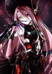  1girl absurdres armor armored_dress bare_shoulders black_armor black_dress black_headwear bonnet breasts claw_(weapon) claws dress fate/grand_order fate_(series) faulds grey_eyes hair_between_eyes heterochromia highres kino_kokko long_hair looking_at_viewer open_mouth red_hair small_breasts smile solo typhon_ephemeros_(fate) very_long_hair weapon yellow_eyes 