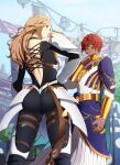  1boy 1girl absurdres armor ass back back_cutout black_bodysuit blonde_hair bodysuit clothing_cutout dohalim_(tales) from_behind hand_on_own_hip highres igusaharu jewelry kisara_(tales) red_hair shoulder_armor tales_of_(series) tales_of_arise thigh_strap yellow_eyes 
