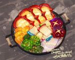  boiling copyright_name dungeon_meshi english_text food food_focus grey_background hotpot meat momiji_mao mushroom no_humans pavement sparkle steam vegetable wok 