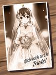  bad_id bad_pixiv_id bouquet breasts bride cleavage dress flower gertrud_barkhorn kyougoku_shin large_breasts long_hair monochrome photo_(object) sepia solo strike_witches translated twintails wedding_dress world_witches_series 