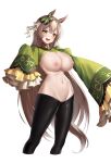  absurdres animal_ears breasts brown_eyes brown_hair diamond_(shape) ear_ornament highres horse_ears horse_girl horse_tail large_breasts long_hair long_sleeves looking_at_viewer meme_attire multicolored_hair navel nipples pussy revealing_clothes reverse_bunnysuit reverse_outfit satono_diamond_(umamusume) simple_background sleeves_past_fingers sleeves_past_wrists streaked_hair tail ugohato umamusume white_background 