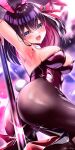  1girl animal_ears armpits ass azki_(hololive) black_leotard breasts fake_animal_ears high_heels highres hololive leotard looking_at_viewer mizuno_kurage open_mouth playboy_bunny pole pole_dancing purple_eyes purple_hair rabbit_ears sweat thighhighs 