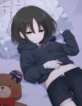  1girl absurdres black_hair black_hoodie black_pants blue_archive breasts halo highres hood hoodie long_sleeves misaki_(blue_archive) open_mouth pants pillow red_eyes red_halo shiroiurushi short_hair small_breasts solo stuffed_animal stuffed_toy teddy_bear torn_clothes torn_pants 