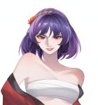  bare_shoulders breasts collarbone commentary_request highres lips looking_at_viewer medium_breasts nasu1225 purple_hair red_eyes red_lips rope sarashi short_hair simple_background smile touhou undressing white_background yasaka_kanako 