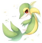  animal_focus artist_name closed_mouth colored_skin commentary_request from_above green_skin highres iwasi_29 no_humans pokemon pokemon_(creature) red_eyes simple_background smile snivy sparkle tail twitter_username white_background 