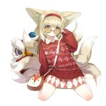  1girl absurdres animal_ear_fluff animal_ears arknights blonde_hair blue_hairband blush braid cigarette_p fox_ears fox_girl fox_tail green_eyes hairband highres holding kitsune long_hair looking_at_viewer multicolored_hair multiple_tails smile solo suzuran_(arknights) tail white_hair 