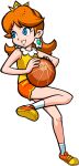  1girl :d ball basketball basketball_(object) blue_eyes breasts brown_hair crown dolphin_shorts earrings flower_earrings full_body holding holding_ball jewelry looking_up mario_(series) mario_basketball_3on3 official_alternate_costume official_art orange_shorts shirt short_shorts shorts sleeveless sleeveless_shirt smile solo sportswear standing standing_on_one_leg tennis_daisy transparent_background 
