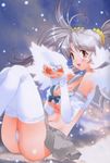  breasts cleavage cloud copyright_request detached_sleeves grey_hair large_breasts magical_girl midriff navel panties school_uniform skirt snow solo thighhighs twintails underboob underwear uniform white_legwear white_panties wings yellow_eyes yoshizaki_mine 
