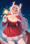  1girl animal_ears belt blue_eyes breasts brown_belt brown_eyes christmas cleavage dress fox_ears fox_girl fox_tail freckles fur-trimmed_dress fur-trimmed_poncho fur_trim heterochromia highres holding_fireworks long_hair looking_at_viewer losse_(personal_ami) maewix_(artist) night open_mouth original outdoors poncho red_dress red_poncho solo tail teeth thick_eyebrows white_hair 