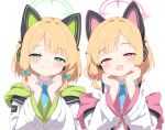  2girls absurdres animal_ears blonde_hair blue_archive blue_necktie blush bow closed_mouth collared_shirt fake_animal_ears green_bow green_eyes green_halo hair_bow halo highres jacket long_sleeves looking_at_viewer midori_(blue_archive) momoi_(blue_archive) multiple_girls necktie open_clothes open_jacket rabbit_ears shirt short_hair siblings simple_background sisters smile twins upper_body white_background white_jacket white_shirt wide_sleeves yukisiannn 