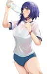  1girl absurdres blush bottle bra bra_visible_through_clothes breasts buruma collar_tug commentary drinking dripping eyelashes genshin_impact green_bra gym_shirt gym_uniform highres kugui_yona kujou_sara large_breasts open_mouth purple_hair see-through see-through_shirt shirt short_hair short_sleeves simple_background solo sweat sweaty_clothes t-shirt thighs underwear water_bottle wet wet_clothes wet_hair white_background yellow_eyes 