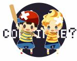  2boys ? arm_up backpack bag bandaid bandaid_on_face bandaid_on_knee bandaid_on_leg baseball_bat baseball_cap black_hair blonde_hair blue_shorts blush_stickers continue crossed_bandaids full_body hat hitofutarai holding holding_baseball_bat lucas_(mother_3) male_focus mother_(game) mother_2 mother_3 multiple_boys ness_(mother_2) open_mouth orange_footwear outline red_footwear red_headwear shirt short_hair short_sleeves shorts solid_oval_eyes striped striped_shirt white_outline 