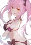  1girl ass bikini black_bikini breasts brown_eyes butt_crack cleavage fang from_behind highres himekuma_ribon large_breasts long_hair looking_back open_mouth pink_hair re:act revision ribbon smile solo swimsuit toroi_jd twintails virtual_youtuber 